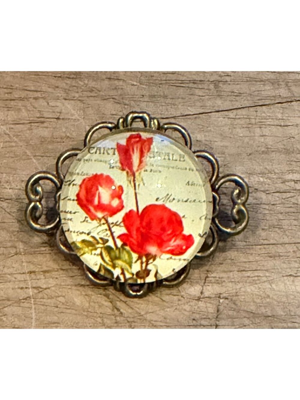 Vintage-Inspired Floral Red Rose Brooch Pin With Filigree Gold-Tone Frame